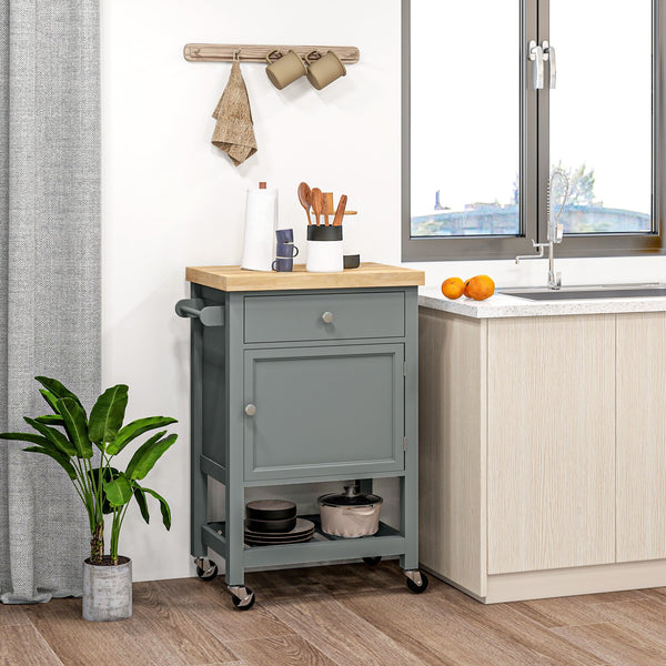 English Elm HOMCOM Rolling Kitchen Cart with Rubberwood Butcher Block Top, Drawer Cabinet Shelf & Towel Rack Gray W2225P217413