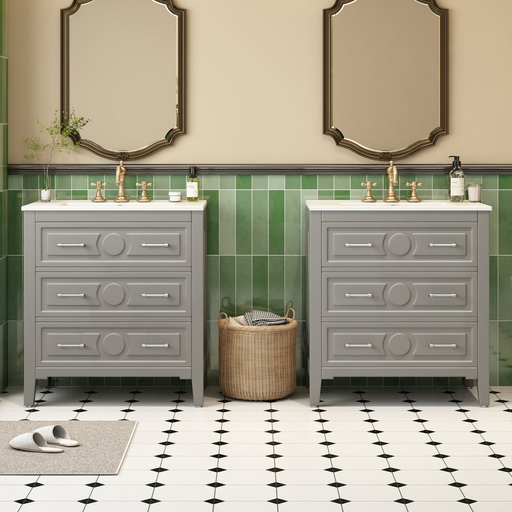 English Elm 60'' Freestanding Bathroom Vanity Set With Ceramic Sink, Gray Wood Frame & 3 Soft-Close Drawers N710SS00003E