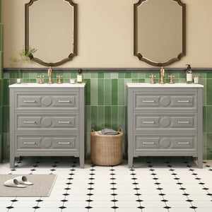 English Elm 60'' Freestanding Bathroom Vanity Set With Ceramic Sink, Gray Wood Frame & 3 Soft-Close Drawers N710SS00003E