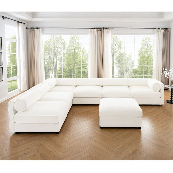 English Elm Modern 6-Piece Modular Sectional Sofa with Chenille Comfort, Cylindrical Support, Hidden Storage & Easy Assembly White W714S01045