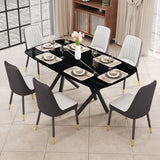 Hearth and Haven 1 Table and 6 Chairs Set.A Rectangular Dining Table with a Imitation Marble Black Table Top and Black Metal Legs.Paired with 6 Chairs with Leatherette Leather Seat Cushion and Black Metal Legs.F-1538, C-007 W1151S00963