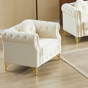 English Elm Velvet Tufted Chesterfield Sofa with Copper Stud Trim and Gold Metal Legs Beige W834P423608