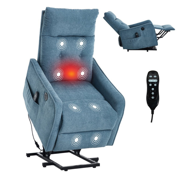 English Elm Beige Chenille Power Lift Recliner with Massage Heat and Usb for Senior Comfort Blue W1803P364113