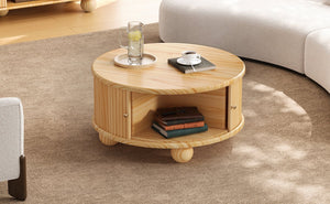 English Elm Round Fluted Pine Wood Coffee Table with Hidden Sliding Door Storage for Living Room Natural N735P369879N