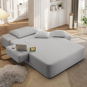 English Elm Luxurious Corduroy Convertible Chaise Lounge Sofa Bed with Foam Support for Apartments Light Grey W3219P449013