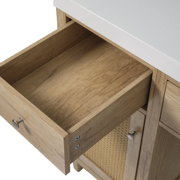 English Elm 60 Inch Double Sink Bathroom Vanity Rattan Pine Legs Soft Close Storage Brown Wood N817P296127N