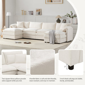 English Elm [video]136" Chenille U-shaped Sectional Six Seat Cloud Sofa with Movable Ottomans White N723S1687W