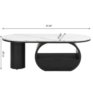 English Elm Luxury Oval Coffee Table with Faux Marble Top, Sturdy Metal Frame, Storage Drawer, Adjustable Feet Black White W821S00031