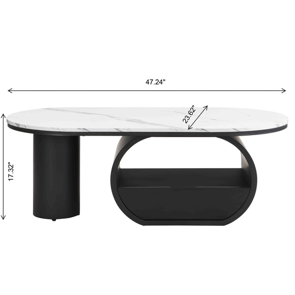 English Elm Luxury Oval Coffee Table with Faux Marble Top, Sturdy Metal Frame, Storage Drawer, Adjustable Feet Black White W821S00031