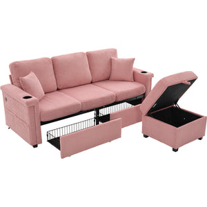 English Elm UNITED Corduroy L-Shaped Sectional Sofa with Storage Ottoman, USB Ports, Cup Holders & LED Lighting Pink W1568P332401