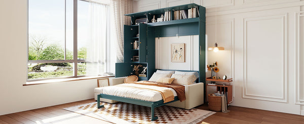 English Elm Queen Murphy Bed with L-shaped Velvet Sofa Storage Cabinets for Studio Living Green LP000765AAA-1