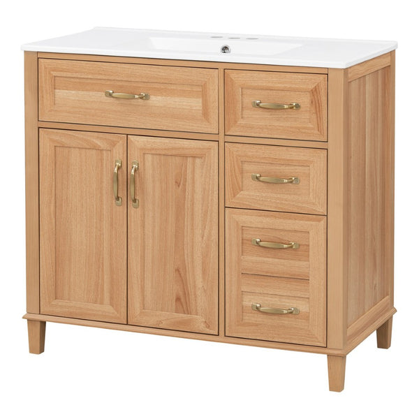English Elm [video] 36 Inch Freestanding Bathroom Vanity with Ceramic Sink and Soft Close Storage N759P395344N
