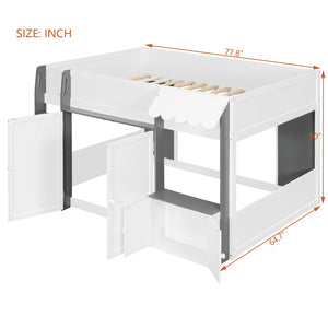 English Elm Twin House Loft Bed with Pull Out Rolling Desk Stair Drawers and Cabinet Storage White+Gray N820S00074E