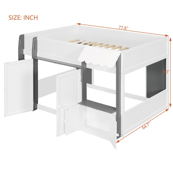 English Elm Twin House Loft Bed with Pull Out Rolling Desk Stair Drawers and Cabinet Storage White+Gray N820S00074E
