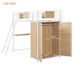 English Elm Twin Loft Bed with L-Shaped Desk and Wardrobe — Space-Saving Iron & Wood Design for Study & Storage White SF000168AAK