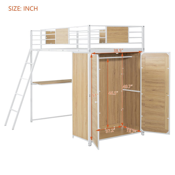 English Elm Twin Loft Bed with L-Shaped Desk and Wardrobe — Space-Saving Iron & Wood Design for Study & Storage White SF000168AAK