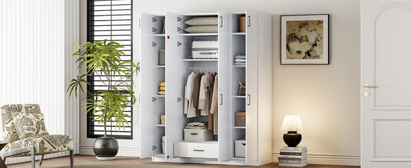 English Elm 4-door Wardrobe with Top Cabinet Locking Drawer Tall Bedroom Closet in White LP006006AAK