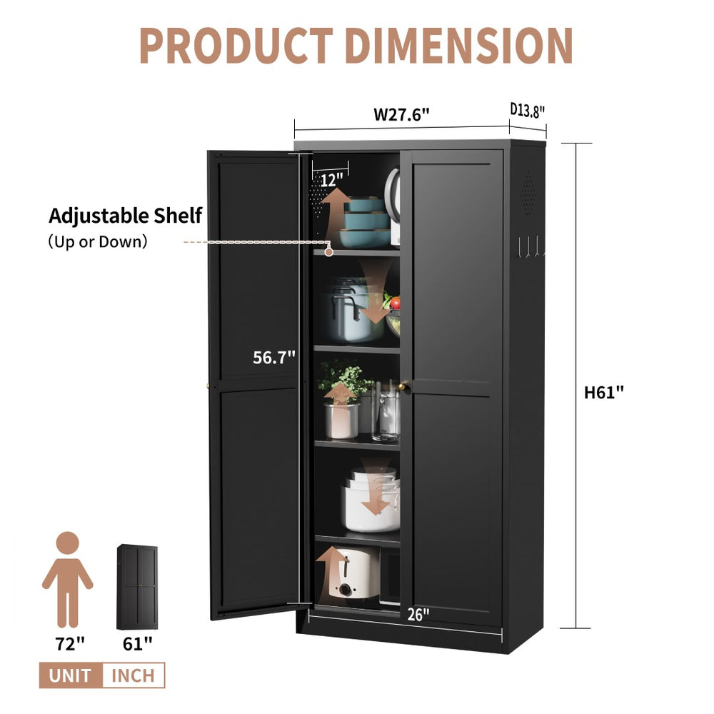 English Elm 61" Matte Black Steel Freestanding Pantry Cabinet with 4 Adjustable Shelves Modern Farmhouse T2398P465983
