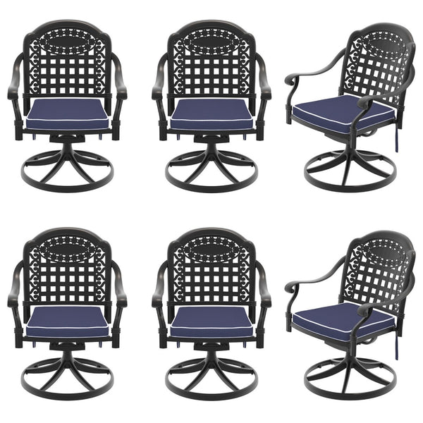 English Elm Cast Aluminum Swivel Patio Dining Chairs Set of Six with Ornate Carved Frame W1710S00673