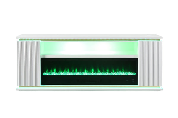 English Elm Contemporary TV Stand with Built-In Electric Fireplace, Heater, Glass Shelves & Modern Mixed-Material Finish White 21 L x 76 W x 33 H B2741P398852