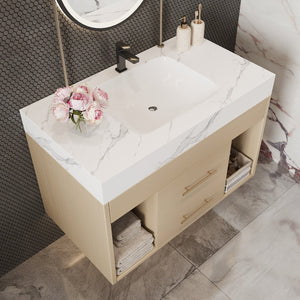 English Elm 29.9" Floating Bathroom Vanity Sintered Stone Top Soft Close Drawers Bronze Gold Hardware White,Wood W3136S00039