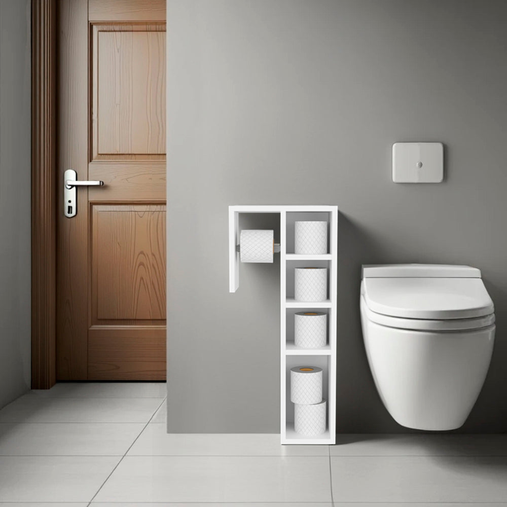 English Elm White Toilet Paper Holder with 3 Open Shelves – Space-Saving White Melamine Organizer for Bathroom 92 B062P380058