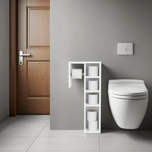 English Elm White Toilet Paper Holder with 3 Open Shelves – Space-Saving White Melamine Organizer for Bathroom 92 B062P380058