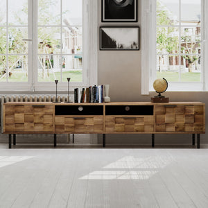 English Elm Mid retro TV Stand for TVs up to 85" — Medieval-inspired media console with 2 drawers, 4 cabinets, cable management Natural N710P193724P