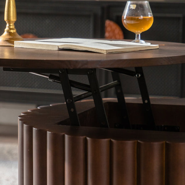 English Elm Round Lift Coffee Table with Hidden Storage and Smooth Hydraulic Raise, Solid MDF Pine Build Walnut W3081P360272