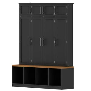 English Elm Wood Entryway Hall Tree with Bench Seating Coat Hooks Shoe Cubbies Cabinet Black W5271S00003