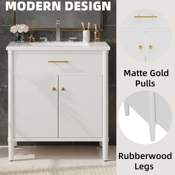 English Elm Christopher Knight Home® - 30 Inches Bathroom Vanity With Soft Close Doors, Curved Design, Adjustable Shelf & Elegant Sink N817P299509W