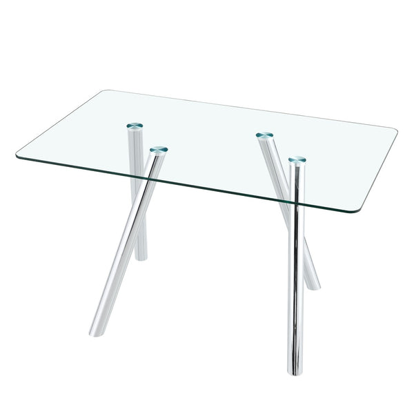 English Elm Tempered Glass Rectangular Dining Set Seats 6 with Chrome Legs and Black Pu Chairs W3875S00045