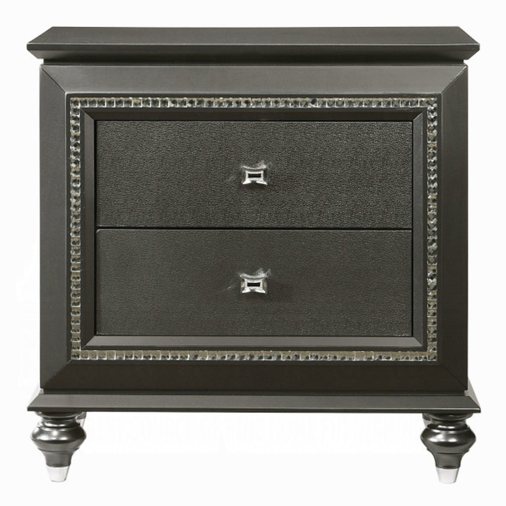 English Elm 1pc Transitional Nightstand Metallic Gray Finish with Crystal Trim, Textured Front & 2 Drawers, 30"W x 18"D x 30"H B2741P322568