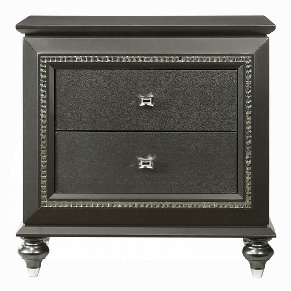 English Elm 1pc Transitional Nightstand Metallic Gray Finish with Crystal Trim, Textured Front & 2 Drawers, 30"W x 18"D x 30"H B2741P322568