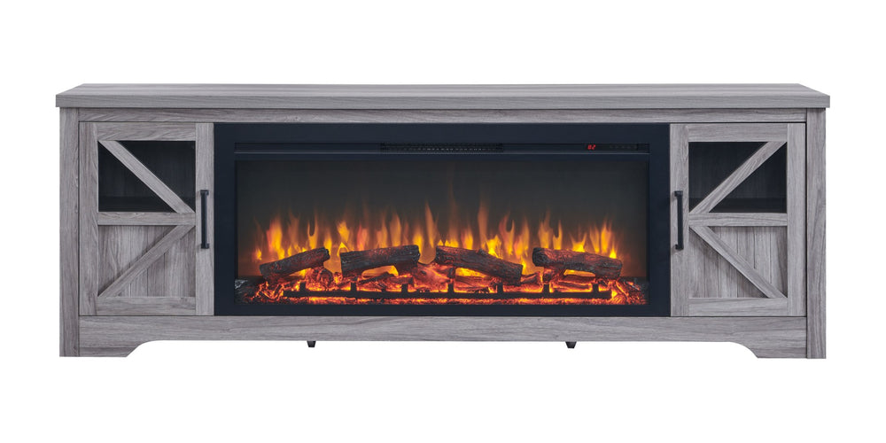 English Elm 75" Gray Wood Tv Stand with 44 Inch Electric Fireplace for Living Rooms W1769S00008