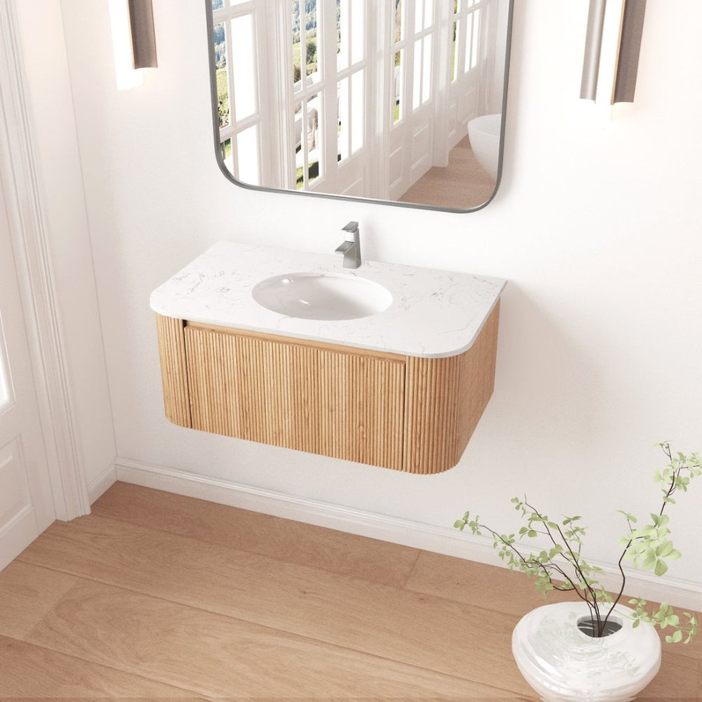 English Elm Arcora Floating Bathroom Vanity Slatted Wood Front Carrara Marble Ceramic Sink Modern W3235S00008