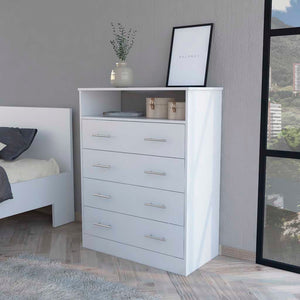 English Elm Lagos Four Drawer Dresser with Spacious Open Shelf and Superior Top, Light Grey Finish, Modern Storage Solution White 47 L x 22 W x 4 H B128S00098