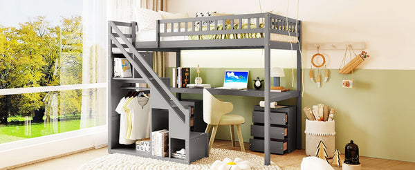 English Elm Twin Loft Bed with Staircase Desk Dual Drawers and Led Strip for Kids Rooms Gray LT000257AAE-1