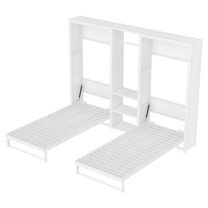 English Elm Twin Twin Murphy Bed with Metal Frame, Foldable 2-in-1 Space-Saving Design, Built-In Wardrobe, Shelves, Power Outlets and Durable Storage Solution White W1580S00287