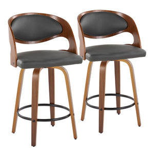 English Elm Pino 26" Mid-Century Counter Stool Set of 2 – 360° Swivel Grey Faux Leather, Walnut Legs, Black Footrest B202S00369