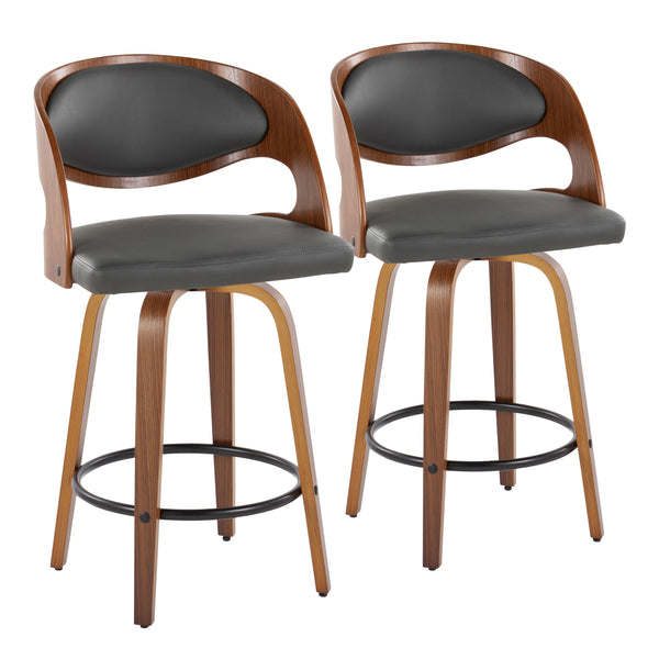 English Elm Pino 26" Mid-Century Counter Stool Set of 2 – 360° Swivel Grey Faux Leather, Walnut Legs, Black Footrest B202S00369