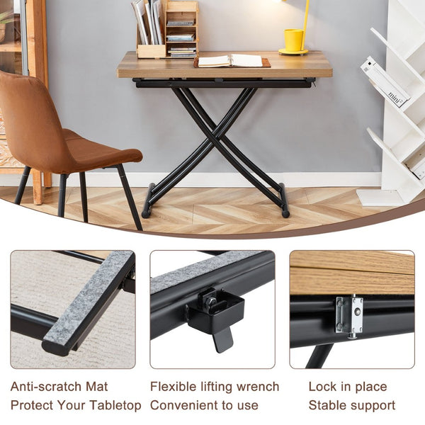 English Elm Table and Chair Set Adjustable Height Mdf Wood Grain Top with Four Linen Dining Chairs W1151S03771