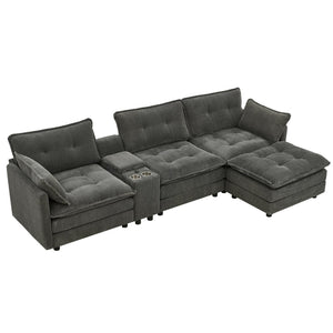 English Elm 119" Tufted Corduroy L-shaped Sectional with Ottoman Console Usb Charging 4 Seat Grey W1998S00102