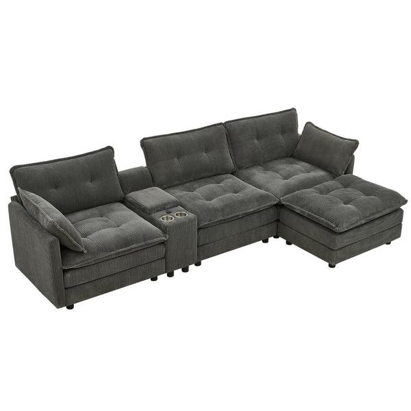 English Elm 119" Tufted Corduroy L-shaped Sectional with Ottoman Console Usb Charging 4 Seat Grey W1998S00102