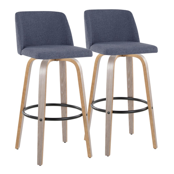 English Elm Toriano 30" Contemporary Barstool Set of 2 — Swivel Padded Blue Fabric, Bent Wood Legs & Footrest B202S00657