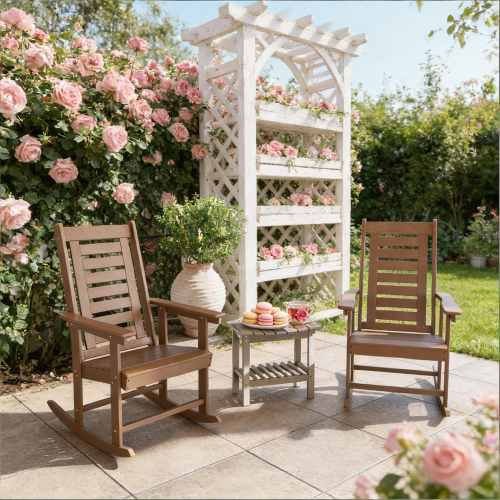 English Elm Black Hdpe Slatted High Back Rocking Chair Set for Porch Patio Deck Outdoor Use T3971P444252