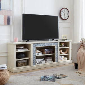English Elm Large White Media Console with Faux Stone Surround and Enclosed Cabinet Storage W2275P389710