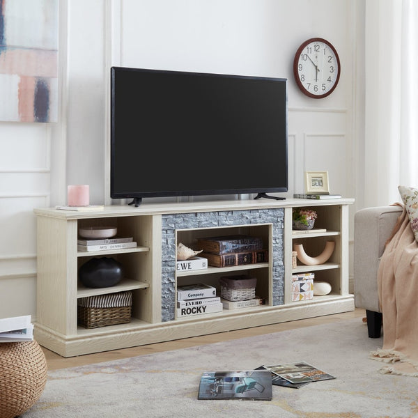 English Elm Large White Media Console with Faux Stone Surround and Enclosed Cabinet Storage W2275P389710