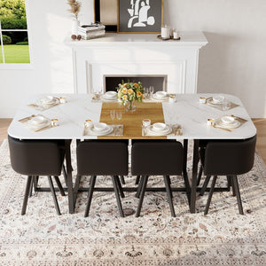 English Elm 9-piece Square Dining Set Faux Marble Wood Grain Table with 8 Pu Leather Chairs W3875S00143