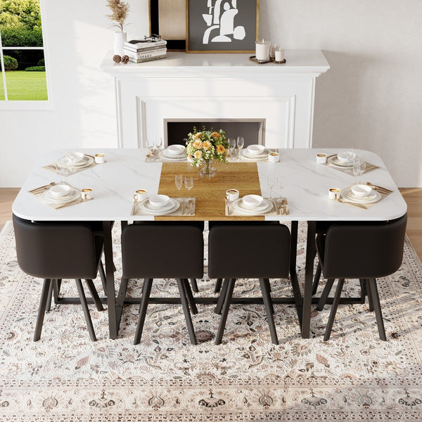 English Elm 9-piece Square Dining Set Faux Marble Wood Grain Table with 8 Pu Leather Chairs W3875S00143